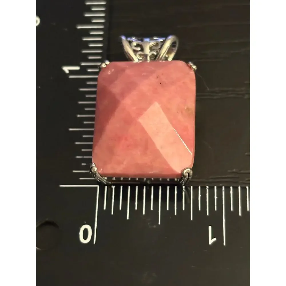Vintage Pink Rhodonite Faceted Statement Pendant Silver Tone